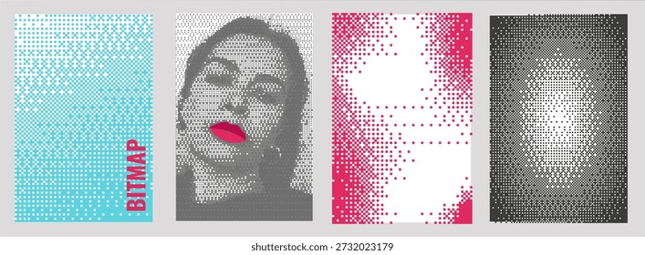 Conjunto de 4 Anuncios de Vertical en estilo retro bitmap. Con retratos pixelados y texturas abstractas. Estética y2k de moda para carteles ciberpunk, portadas musicales y Diseño web de vanguardia.