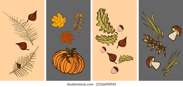 Set of 4 vertical cards in gray and beige with fall crops and leaves. Vector illustration isolated on white background