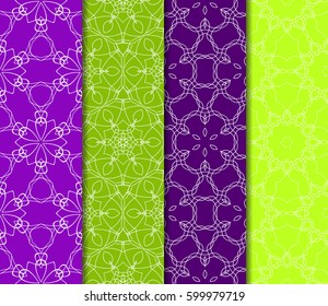 Set of 4 vertical e seamless lace pattern with elements of floral ornament. Different colored bases. vector illustration. For decorating invitations, fashion design, textiles