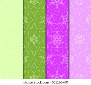 Set of 4 vertical e seamless lace pattern with elements of floral ornament. Different colored bases. vector illustration. For decorating invitations, fashion design, textiles