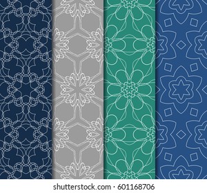 Set of 4 vertical e seamless lace pattern with elements of floral ornament. Different colored bases. vector illustration. For decorating invitations, fashion design, textiles