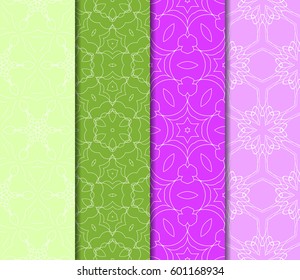 Set of 4 vertical e seamless lace pattern with elements of floral ornament. Different colored bases. vector illustration. For decorating invitations, fashion design, textiles