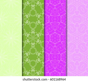 Set of 4 vertical e seamless lace pattern with elements of floral ornament. Different colored bases. vector illustration. For decorating invitations, fashion design, textiles