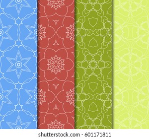 Set of 4 vertical e seamless lace pattern with elements of floral ornament. Different colored bases. vector illustration. For decorating invitations, fashion design, textiles