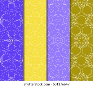 Set of 4 vertical e seamless lace pattern with elements of floral ornament. Different colored bases. vector illustration. For decorating invitations, fashion design, textiles