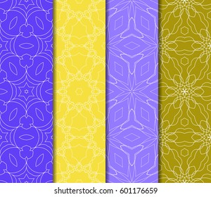 Set of 4 vertical e seamless lace pattern with elements of floral ornament. Different colored bases. vector illustration. For decorating invitations, fashion design, textiles