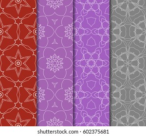 Set of 4 vertical e seamless lace pattern with elements of floral ornament. Different colored bases. vector illustration. For decorating invitations, fashion design, textiles
