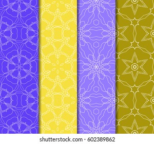 Set of 4 vertical e seamless lace pattern with elements of floral ornament. Different colored bases. vector illustration. For decorating invitations, fashion design, textiles