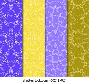 Set of 4 vertical e seamless lace pattern with elements of floral ornament. Different colored bases. vector illustration. For decorating invitations, fashion design, textiles