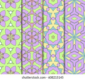 Set of 4 vertical e seamless lace pattern with elements of floral ornament. Different colored bases. vector illustration. For decorating invitations, fashion design, textiles