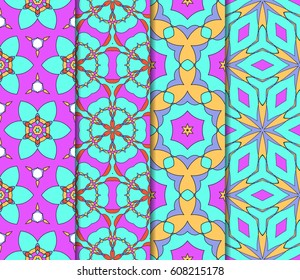 Set of 4 vertical e seamless lace pattern with elements of floral ornament. Different colored bases. vector illustration. For decorating invitations, fashion design, textiles