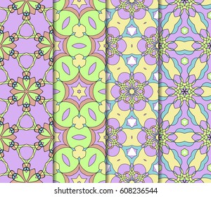 Set of 4 vertical e seamless lace pattern with elements of floral ornament. Different colored bases. vector illustration. For decorating invitations, fashion design, textiles