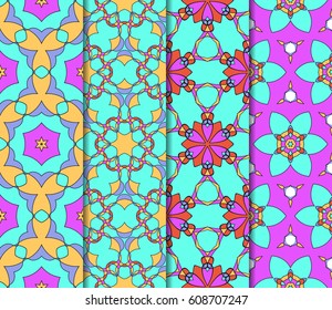 Set of 4 vertical e seamless lace pattern with elements of floral ornament. Different colored bases. vector illustration. For decorating invitations, fashion design, textiles