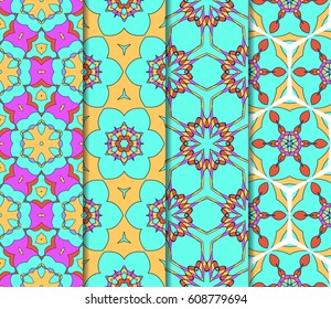 Set of 4 vertical e seamless lace pattern with elements of floral ornament. Different colored bases. vector illustration. For decorating invitations, fashion design, textiles