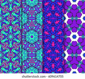 Set of 4 vertical e seamless lace pattern with elements of floral ornament. Different colored bases. vector illustration. For decorating invitations, fashion design, textiles