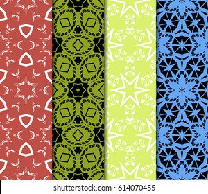 Set of 4 vertical e seamless lace pattern with elements of floral ornament. Different colored bases. vector illustration. For decorating invitations, fashion design, textiles