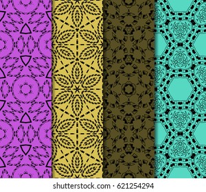 Set of 4 vertical e seamless lace pattern with elements of floral ornament. Different colored bases. vector illustration. For decorating invitations, fashion design, textiles