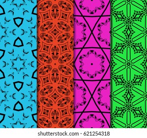 Set of 4 vertical e seamless lace pattern with elements of floral ornament. Different colored bases. vector illustration. For decorating invitations, fashion design, textiles