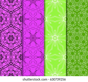 Set of 4 vertical e seamless lace pattern with elements of floral ornament. Different colored bases. vector illustration. For decorating invitations, fashion design, textiles