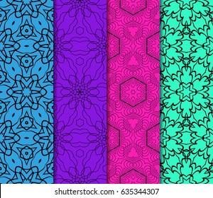 Set of 4 vertical e seamless lace pattern with elements of floral ornament. Different colored bases. vector illustration. For decorating invitations, fashion design, textiles