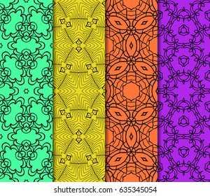 Set of 4 vertical e seamless lace pattern with elements of floral ornament. Different colored bases. vector illustration. For decorating invitations, fashion design, textiles