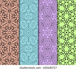 Set of 4 vertical e seamless lace pattern with elements of floral ornament. Different colored bases. vector illustration. For decorating invitations, fashion design, textiles