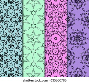 Set of 4 vertical e seamless lace pattern with elements of floral ornament. Different colored bases. vector illustration. For decorating invitations, fashion design, textiles