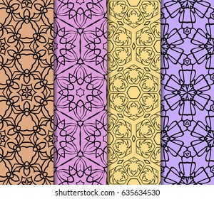 Set of 4 vertical e seamless lace pattern with elements of floral ornament. Different colored bases. vector illustration. For decorating invitations, fashion design, textiles