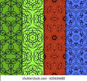 Set of 4 vertical e seamless lace pattern with elements of floral ornament. Different colored bases. vector illustration. For decorating invitations, fashion design, textiles