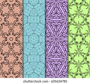 Set of 4 vertical e seamless lace pattern with elements of floral ornament. Different colored bases. vector illustration. For decorating invitations, fashion design, textiles