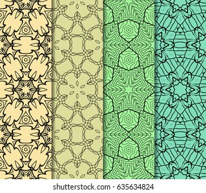 Set of 4 vertical e seamless lace pattern with elements of floral ornament. Different colored bases. vector illustration. For decorating invitations, fashion design, textiles