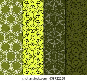 Set of 4 vertical e seamless lace pattern with elements of floral ornament. Different colored bases. vector illustration