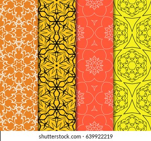 Set of 4 vertical e seamless lace pattern with elements of floral ornament. Different colored bases. vector illustration