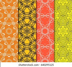 Set of 4 vertical e seamless lace pattern with elements of floral ornament. Different colored bases. vector illustration