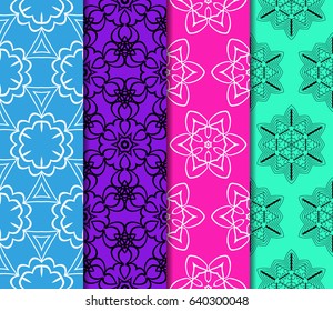 Set of 4 vertical e seamless lace pattern with elements of floral ornament. Different colored bases. vector illustration
