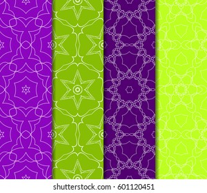 Set of 4 vertical geometric pattern in floral lace style. Ethnic ornament. Vector illustration. For decorating invitations, fashion design, textiles