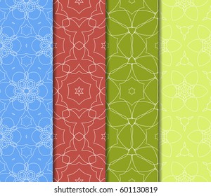 Set of 4 vertical geometric pattern in floral lace style. Ethnic ornament. Vector illustration. For decorating invitations, fashion design, textiles