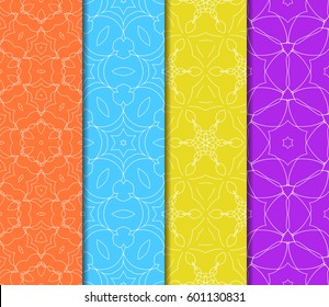 Set of 4 vertical geometric pattern in floral lace style. Ethnic ornament. Vector illustration. For decorating invitations, fashion design, textiles