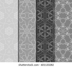 Set of 4 vertical geometric pattern in floral lace style. Ethnic ornament. Vector illustration. For decorating invitations, fashion design, textiles