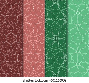Set of 4 vertical geometric pattern in floral lace style. Ethnic ornament. Vector illustration. For decorating invitations, fashion design, textiles