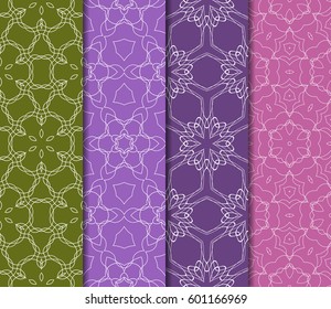 Set of 4 vertical geometric pattern in floral lace style. Ethnic ornament. Vector illustration. For decorating invitations, fashion design, textiles
