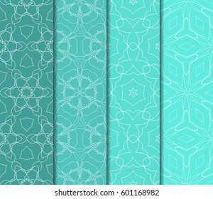 Set of 4 vertical geometric pattern in floral lace style. Ethnic ornament. Vector illustration. For decorating invitations, fashion design, textiles