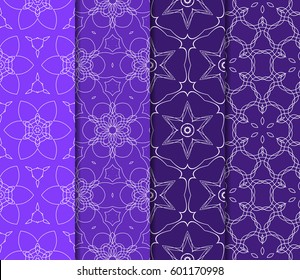 Set of 4 vertical geometric pattern in floral lace style. Ethnic ornament. Vector illustration. For decorating invitations, fashion design, textiles