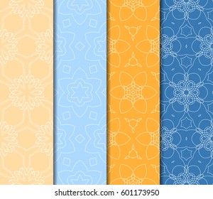 Set of 4 vertical geometric pattern in floral lace style. Ethnic ornament. Vector illustration. For decorating invitations, fashion design, textiles