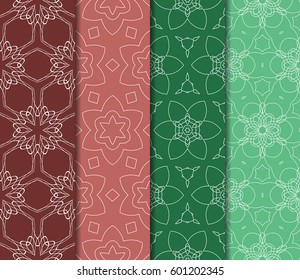 Set of 4 vertical geometric pattern in floral lace style. Ethnic ornament. Vector illustration. For decorating invitations, fashion design, textiles