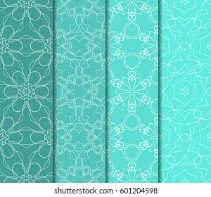 Set of 4 vertical geometric pattern in floral lace style. Ethnic ornament. Vector illustration. For decorating invitations, fashion design, textiles