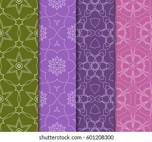 Set of 4 vertical geometric pattern in floral lace style. Ethnic ornament. Vector illustration. For decorating invitations, fashion design, textiles