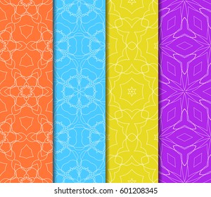 Set of 4 vertical geometric pattern in floral lace style. Ethnic ornament. Vector illustration. For decorating invitations, fashion design, textiles