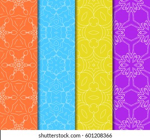 Set of 4 vertical geometric pattern in floral lace style. Ethnic ornament. Vector illustration. For decorating invitations, fashion design, textiles