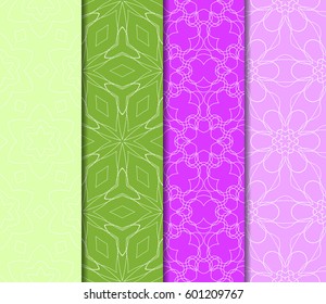 Set of 4 vertical geometric pattern in floral lace style. Ethnic ornament. Vector illustration. For decorating invitations, fashion design, textiles